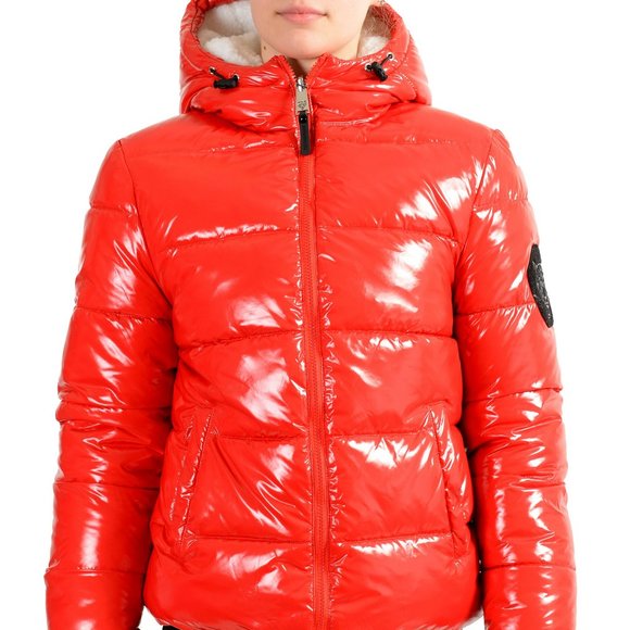 Plein Sport Women's Red Hooded Reversible Sherpa Logo Print Zip Up Parka Jacket
